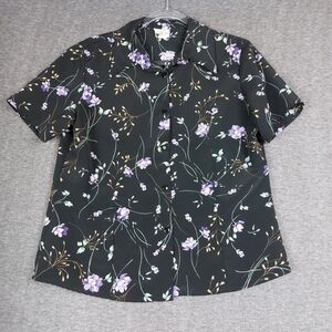 JR BENTLEY WOMENS VINTAGE BLACK FLORAL SHORT SLEEVE BUTTON FRONT SHIRT SIZE M